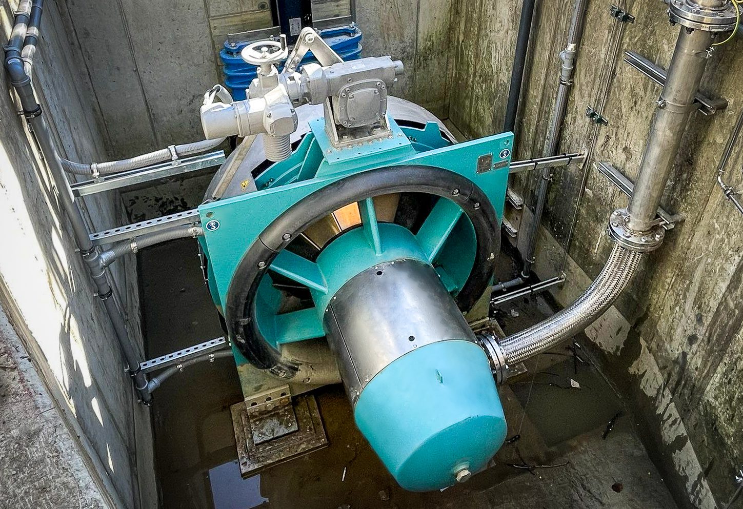 Natel Restoration Hydro Turbine installed near Graz, Austria. BULBO D062, 62-cm-diameter, 15KW capacity.